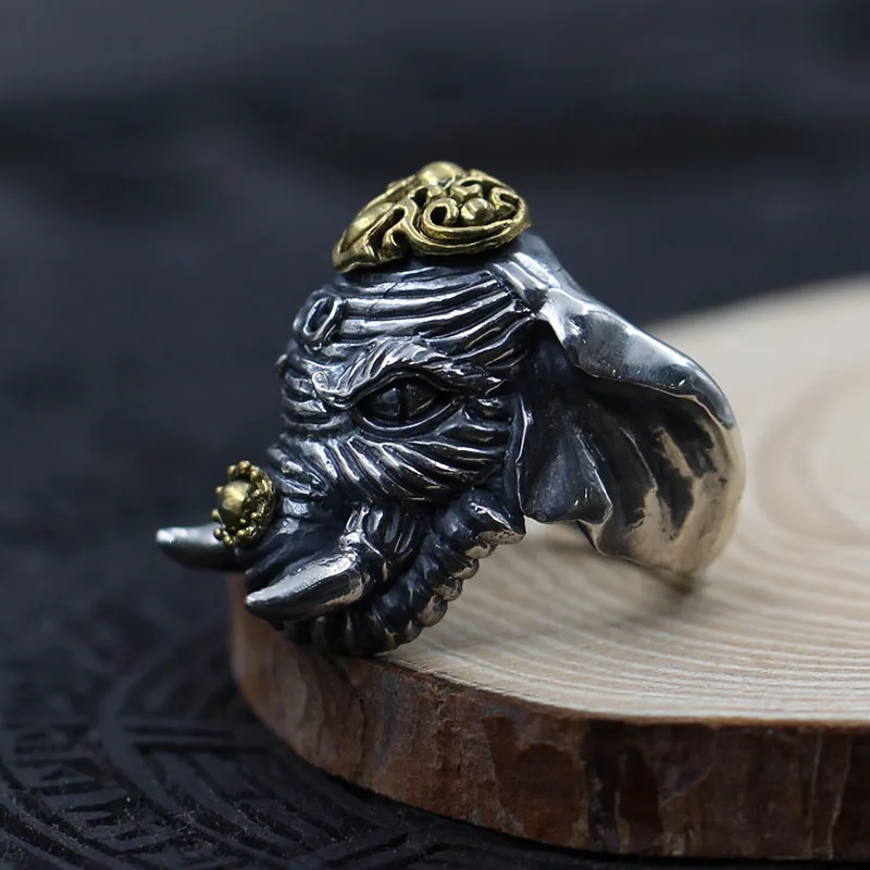 

Vintage Hollow Men Elephant Domineering Carved 925 Sterling Silver Ring