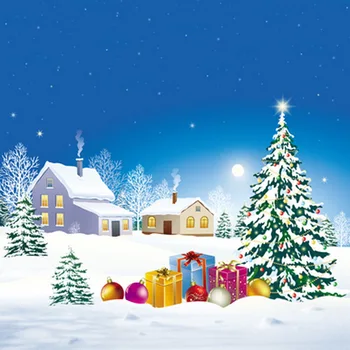 

Christmas Snow Village House Green Xmas Tree Gifts Children Holiday Photography Backdrops Winter Stage Background 150cm*200cm