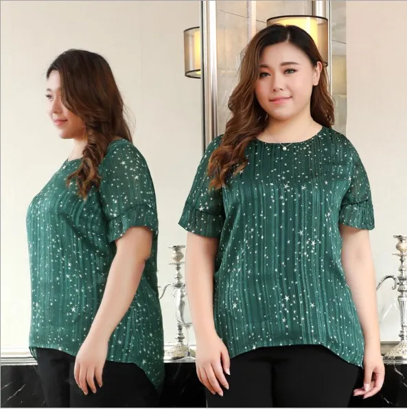 

10XL Plus Size Feminina Robe Women New Summer Korean T-Shirts Loose Style Elegant Office Wear Print Chiffon T-Shirts HJ805