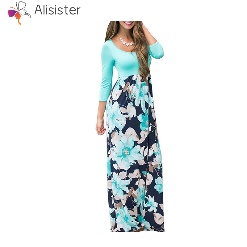 Clearance Summer Autumn Long Dress Flower Floral Print Patchwork Beach