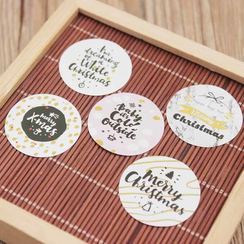 200pcs 3cm gold foil Happy new year gift labes white marbel background Merry christmas suppiles labels self adhesive tag | Украшения и
