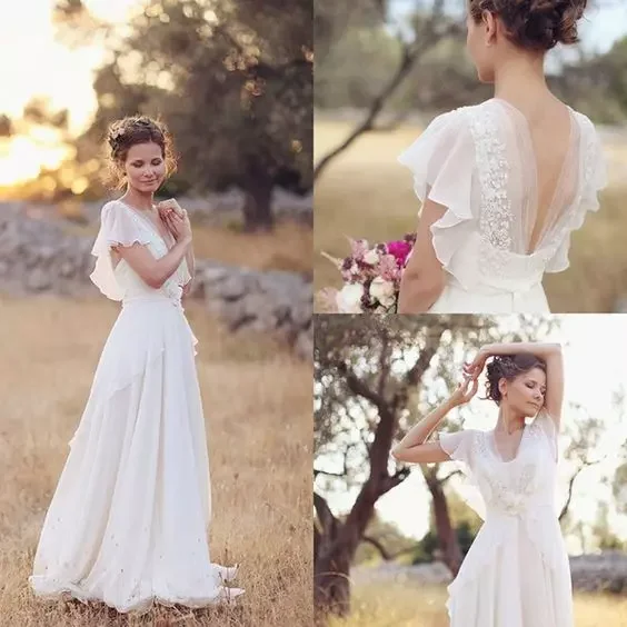

Bohemian Hippie Style Wedding Dresses 2019 Beach A-line Wedding Dress Bridal Gowns Backless White Lace Chiffon Boho dress