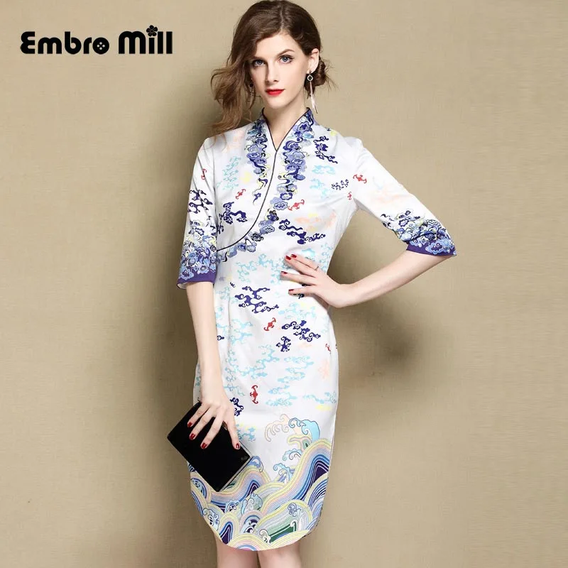 

The New autumn Medium length dress Retro Chinese style printing cheongsam Slim elegant women's dress plus size S-3XL