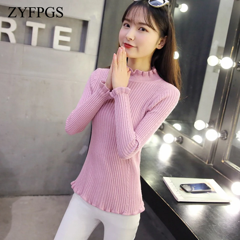 

ZYFPGS 2019 Lady's Sweater Wave hem Pink Basic Pullover Sale Top College Style Elegant Sweater Knitting Pullover Harajuku Z0820