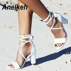 Aneikeh/2019 г. женские сандалии-гладиаторы на высоком каблуке, модная обувь на толстом каблуке с кисточками и узкими лентами, пикантные