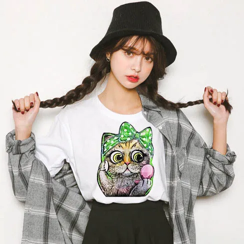 

2019 new spring summer fashion loose sexy little girl tee shirt embroidered Bow lovely Cat sequins T-shirt Girl leisure top