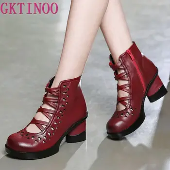 GKTINOO 2020 New Cross-tied Fashion Sandals Women Shoes Hollow Summer Sandals Genuine Leather Shoes High Heel Woman Sandals fedonas summer fur sandals women genuine leather sandals suede retro high heels square heel woman wedding party shoes woman