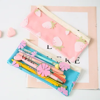 

1pcs Korea small fresh printed soft cute shape pencil bag temperament fruit PVC double layer stationery bag