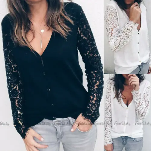 

Women Lace T Shirt V-Neck Long Sleeve Summer Casual Loose Tops Blouse S-XL