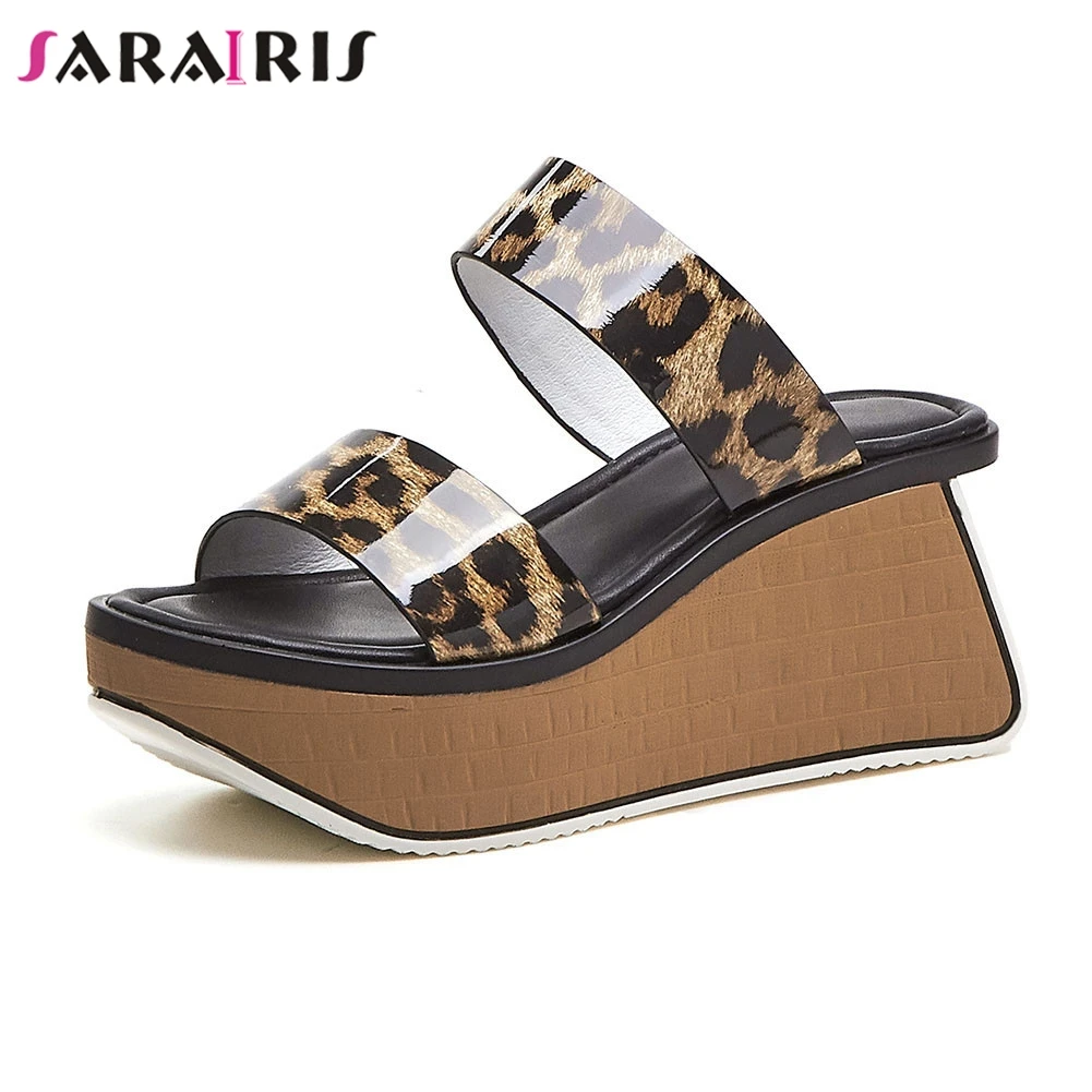 

SARAIRIS Brand New Leopard Genuine Leather Ladies Wedges High Heels Platform Shoes Woman Casual Party Summer Slippers 2019