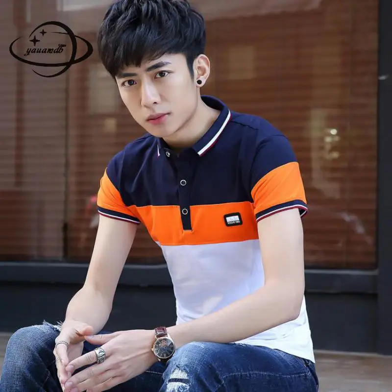

YAUAMDB men polo shirts summer M-3XL male tops tees short sleeve clothing striped slim patchwork formal fashion man clothes ly45