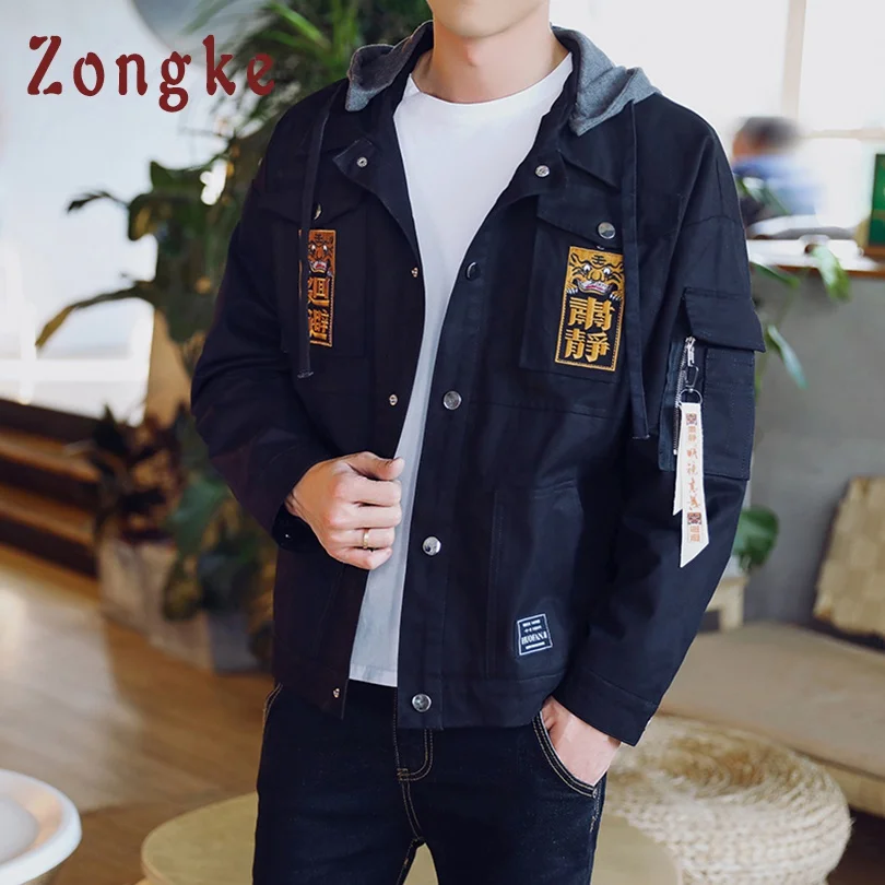 

Zongke Chinese Character Embroidery Hooded Bomber Jacket Men Streetwear Clothes Men Jacket Coat Mens Jackets And Coats 5XL 2019