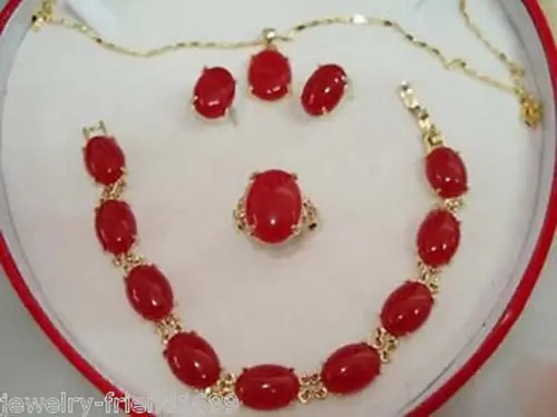 

FREE shipping>>Fashion 18K Gold Plated Red Jade Bracelet earring Pendant Necklace Set For Women