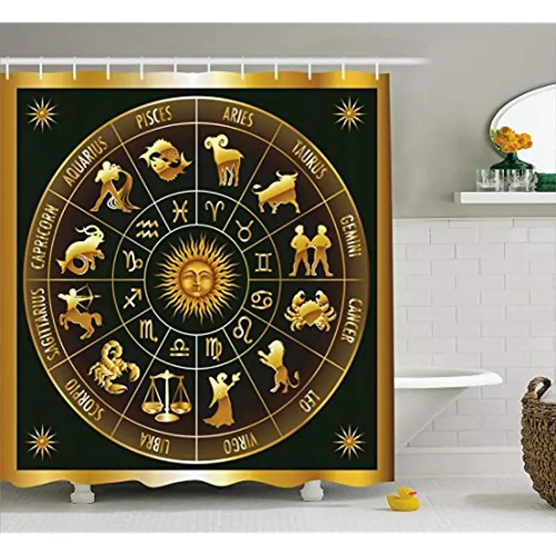 

Vixm Astrology Shower Curtain Wheel Zodiac Astrology Signs in Circle with Sun Moon Image in Circle Fabric Bath Curtains