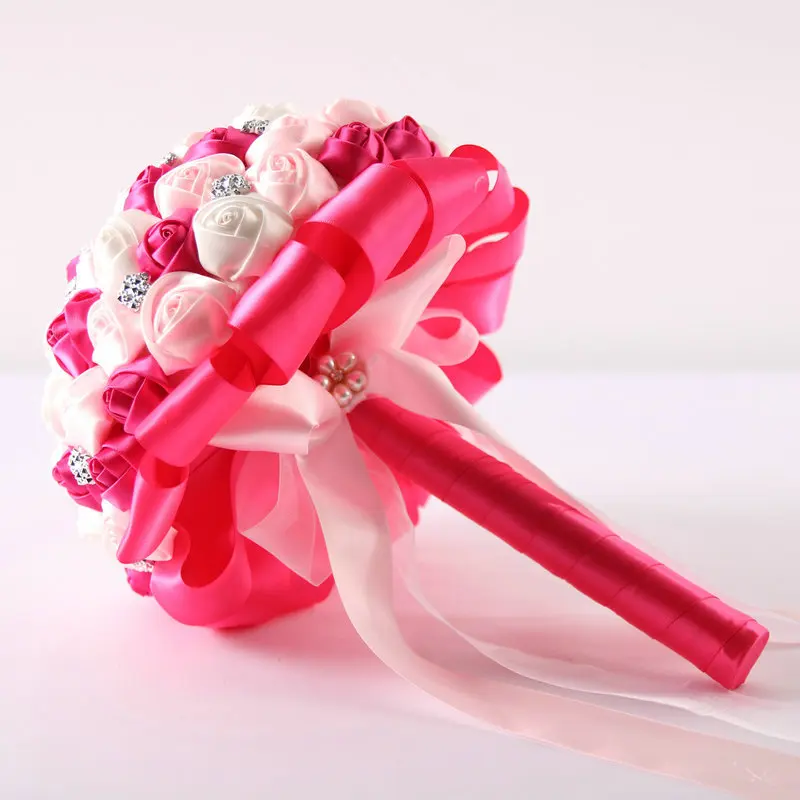 

New arrived fushia +pink +white Artificial Flowers rhinestone Wedding Bridal Bouquets Durable Silk Throw Wedding Bouquet Custom