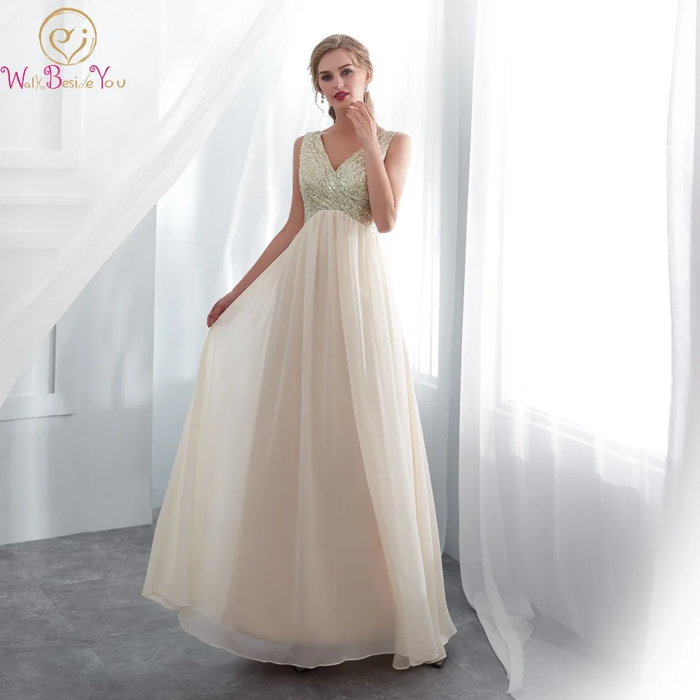 

2019 Hot Sell Sequins Golden Prom Dresses Champagne Party Formal Chiffon A-line Backless V Neck Elegant Sleeveless Evening Gowns