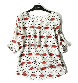 

In 2019, Silk jacket woman 2019 fashionable lipstick T-shirt with round collar