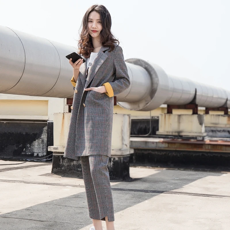 Women Double Breast Long Section Blazer Suits Office Lady Set Two-piece Work Set Long Sleeve Lattice Suit Jacket Women Suit Set Women Double Breast Long Section Blazer Suits Office Lady Set Two-piece Work Set Long Sleeve Lattice Suit Jacket Women Suit Set