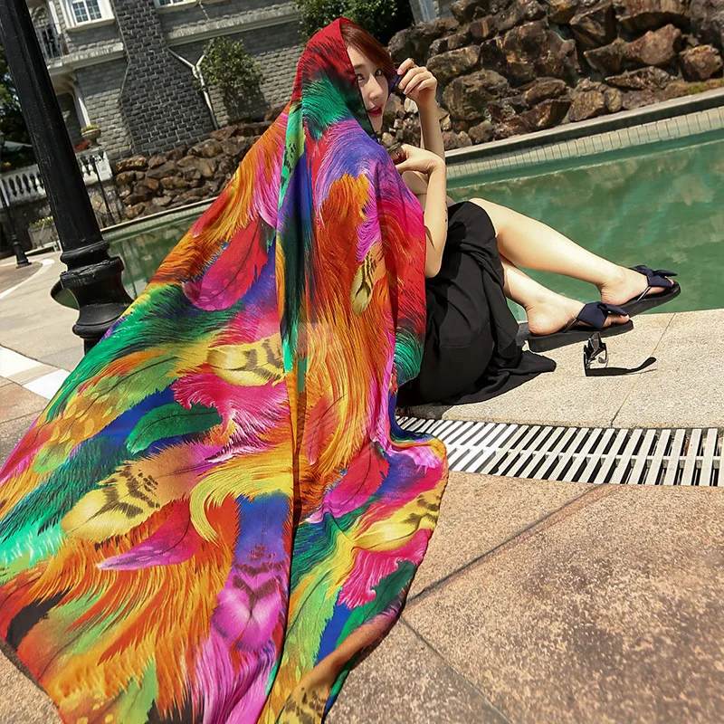 

LEAYH Personality Ethnic Style Feather Printed Sunscreen Scarf Women Ladies Beach Travel Large Scarves Summer Shawls Towel