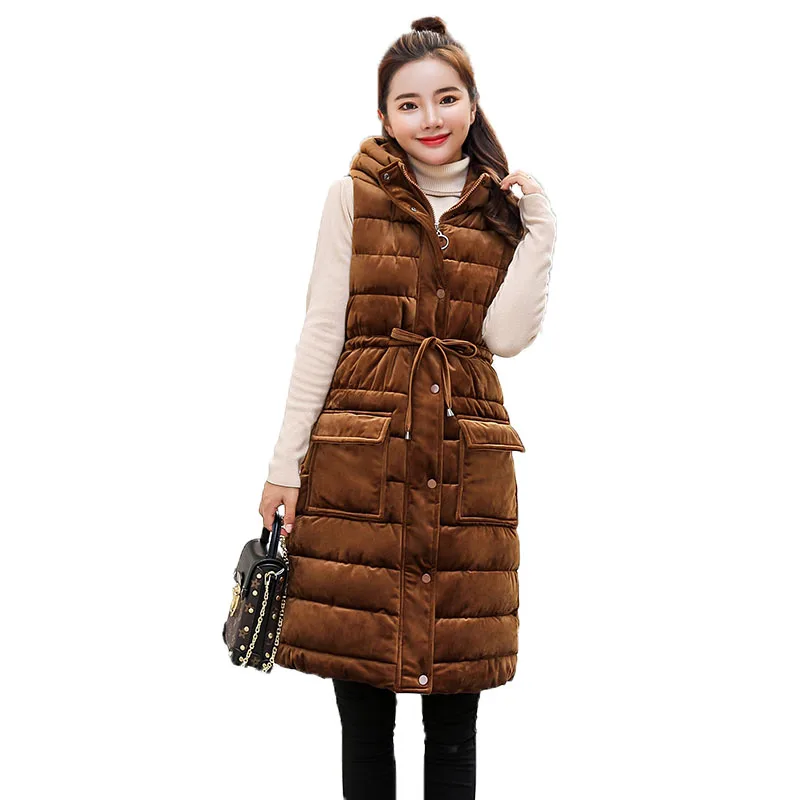 2018 Winter Gold Velvet Vest Women England Style Warm Jacket Women Long Parka Sleeveless Cotton