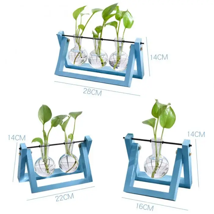 Hydroponic Glass Planter Bulb Vase with Wooden Stand Tray Tabletop Desk Decor DC156