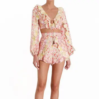 

2019 Women Two Piece Set Long Sleeve Tops Shorts