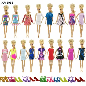 

Random 15 Pcs/Lot = 5x Wedding Party Mini Dress Mixed Style Skirt + 10x Assorted Colourful Shoes Sandal Clothes For Barbie Doll
