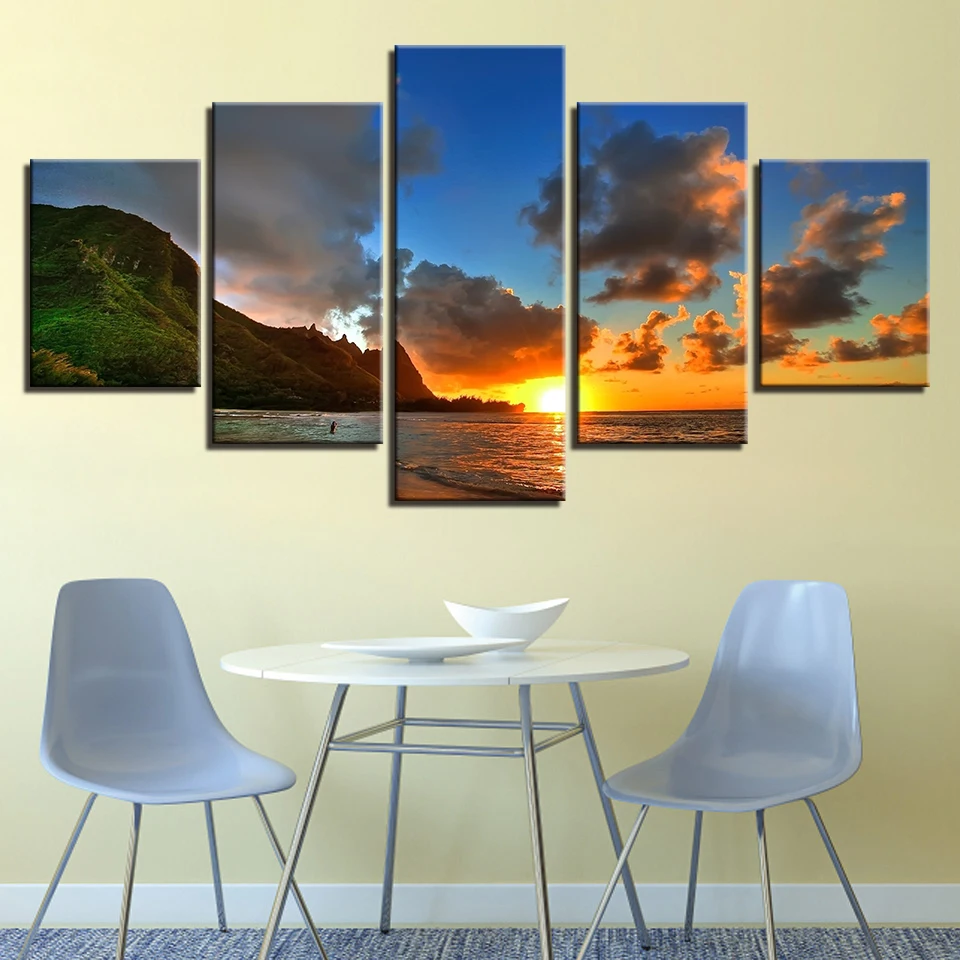 

Canvas HD Prints Paintings Wall Art Framework Poster 5 Pieces Sunset Sea Mountains Seascape Pictures Home Decor For Living Room