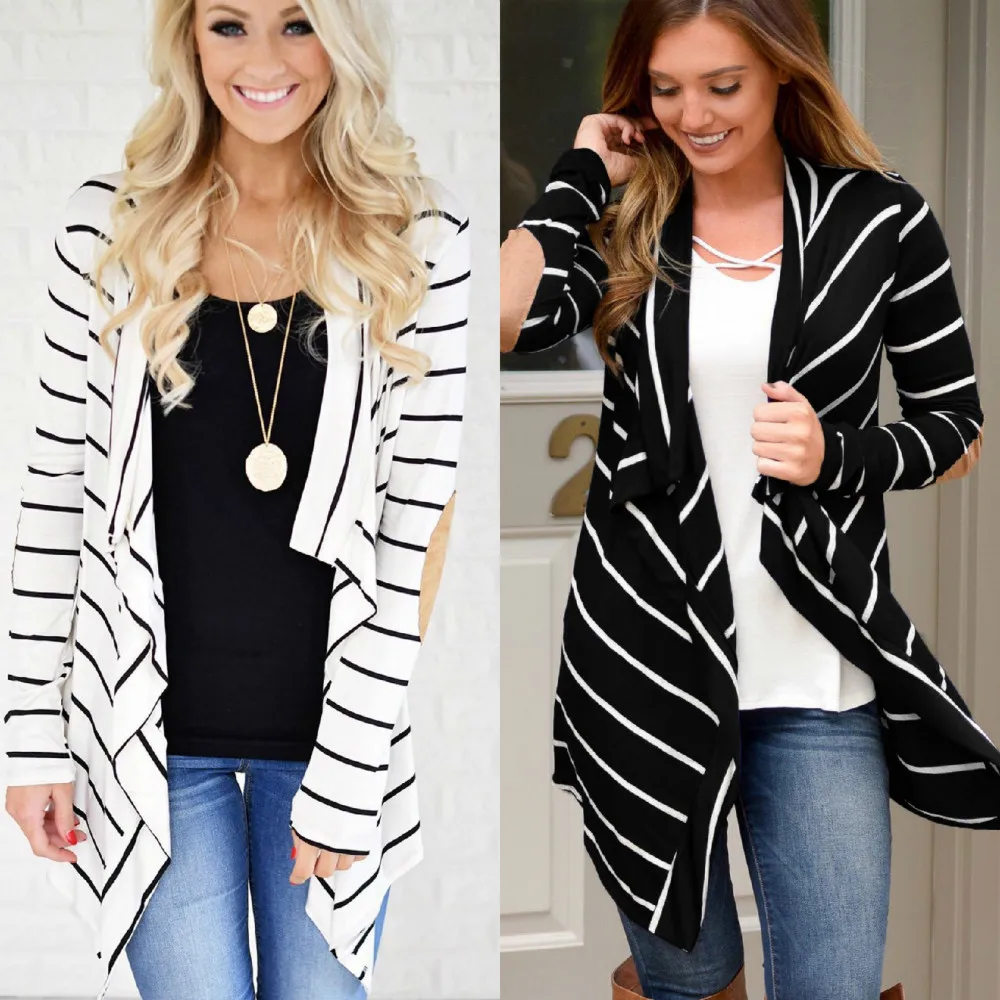 

Uguest Women Stripe Cardigan Cotton Long Sleeve Turn-down Collar Open Stitch Loose Coat Jacket Casual Cardigans Autumn Spring