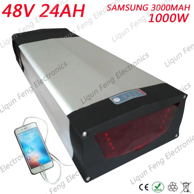 Perfect 1000W 48V Rear Rack Electric bike Battery 48V 24AH Ebike battery Use for samsung Cell with Tail light 30A BMS Free customs tax 0