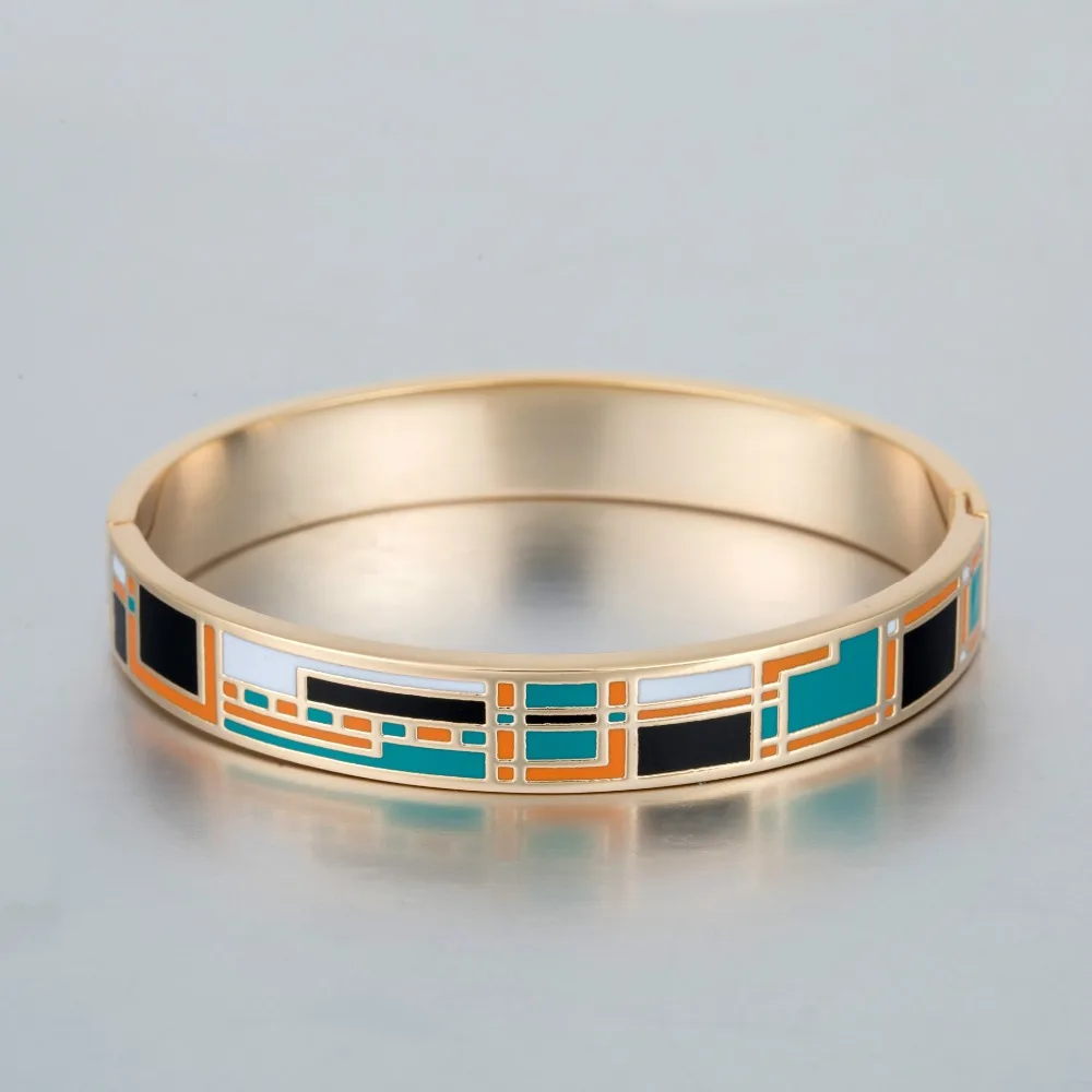 10mm Geometric Enamel Open Bangle Stainless Steel Gold color Ceramic