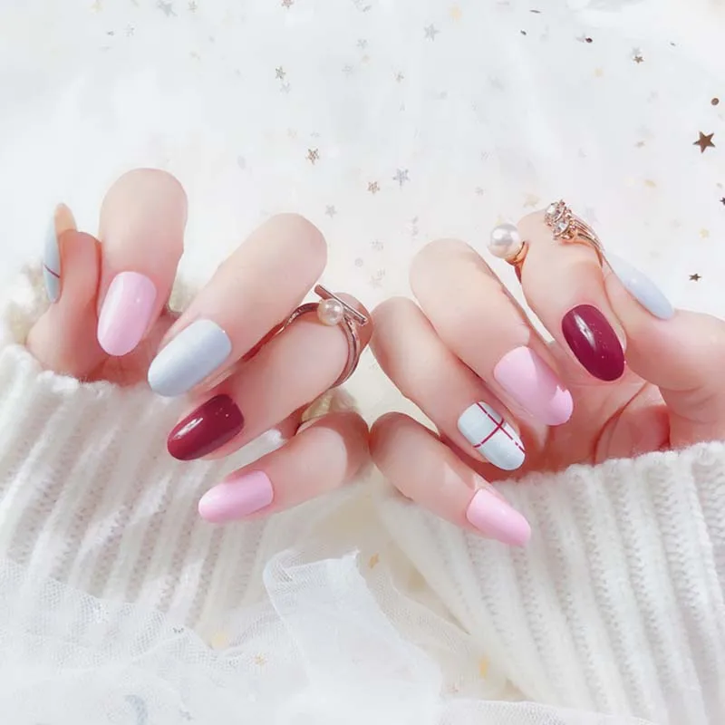 

24pcs/Set Wedding Bride Nail Art Tips Simple Candy Jump Color Round Artificial Nail With Glue Fashion Lattice Print Fake Nails