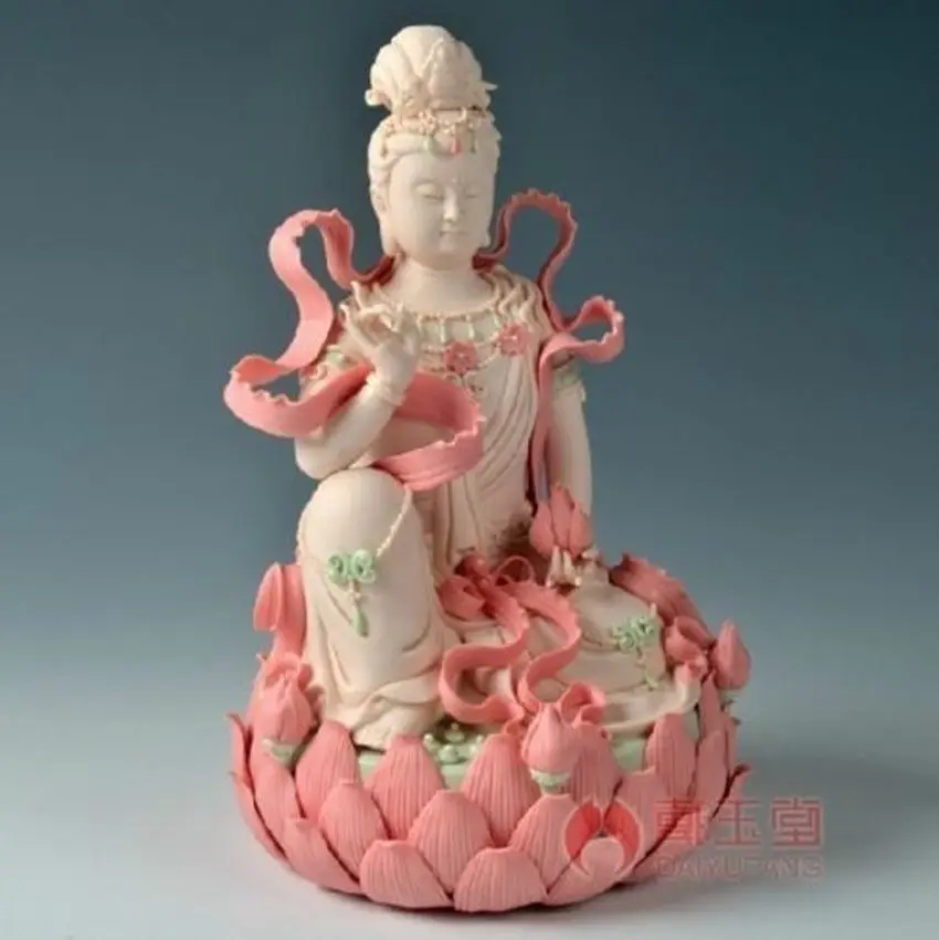 

10" Elaborate Chinese Dehua Colored Porcelain Kwan-yin Guanyin Buddha Lotus Statue No.2