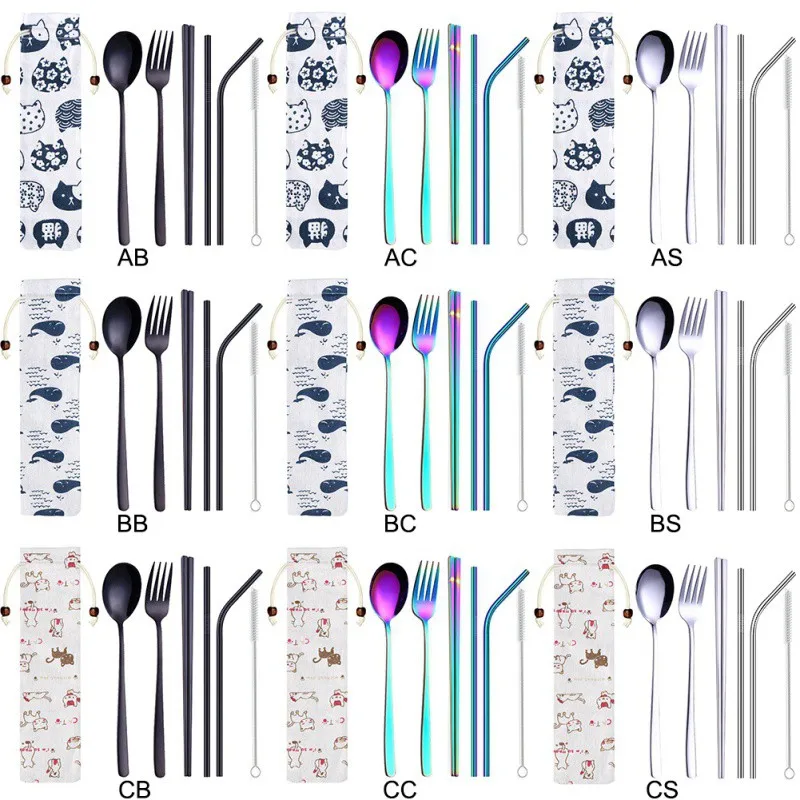 5 шт из нержавеющей стали Экологичная красочная Ложка Вилка соломенные палочки для еды с льняной сумкой