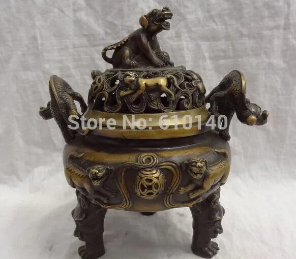 

9" China Bronze Buddhist FengShui Unicorn Lion Ball Statue Incense Burner Censer