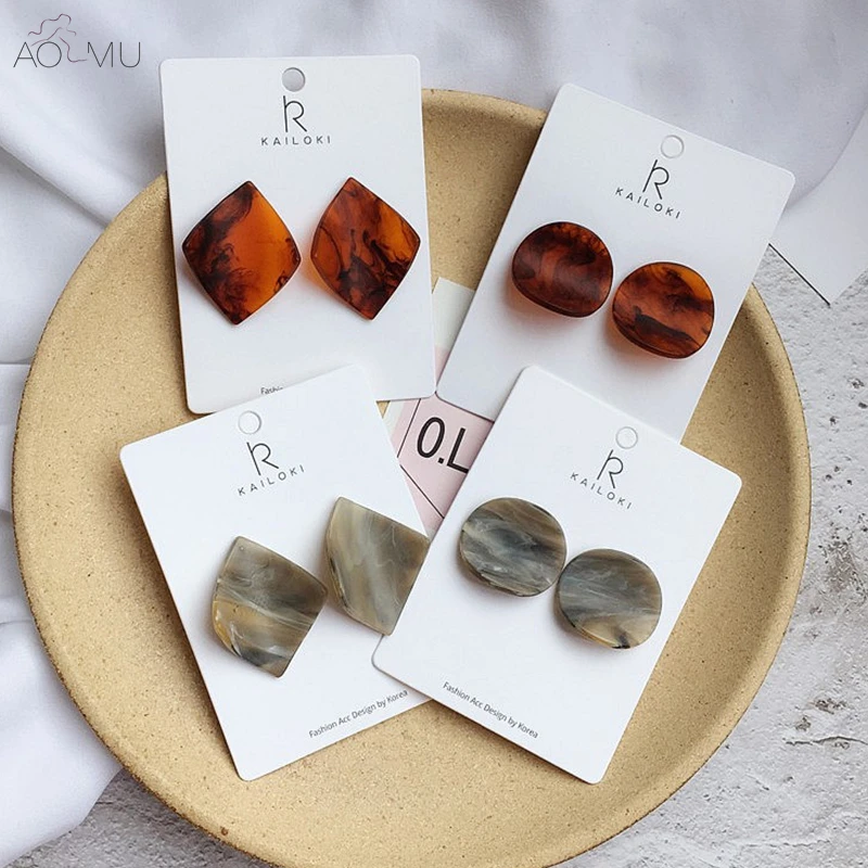 

AOMU New Design Geometric Acrylic Pattern Square Round Distortion Stud Earrings For Women Girl Temperament Accessories Brincos