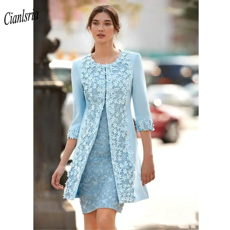Two Pieces 2019 Sky Blue Mother Of The Bride Dresses With Jacket