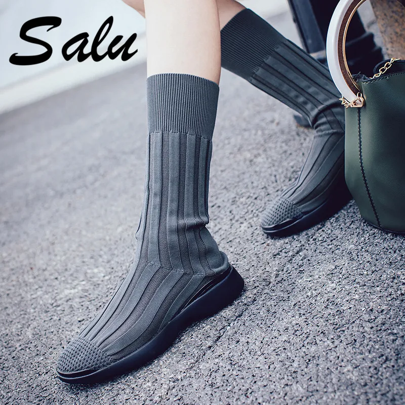 

Salu New Arrival Women Mid-calf Boots Sexy Patchwork High Heels Warm Socks Boots Ladies Night Club Party Boots