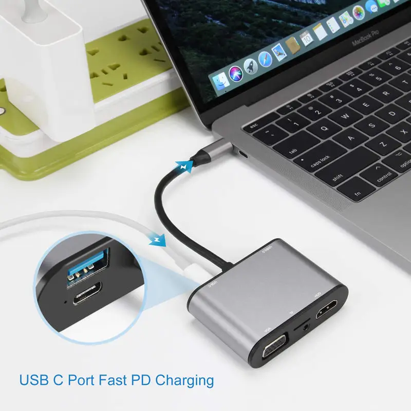 Usb C концентратор к адаптер Hdmi Vga-8 в 1 Usb C док-станция с 4 K Hdmi, Vga, Usb 3,0, 2 Usb 2,0, Micro-Sd, 3,5 мм аудио разъем