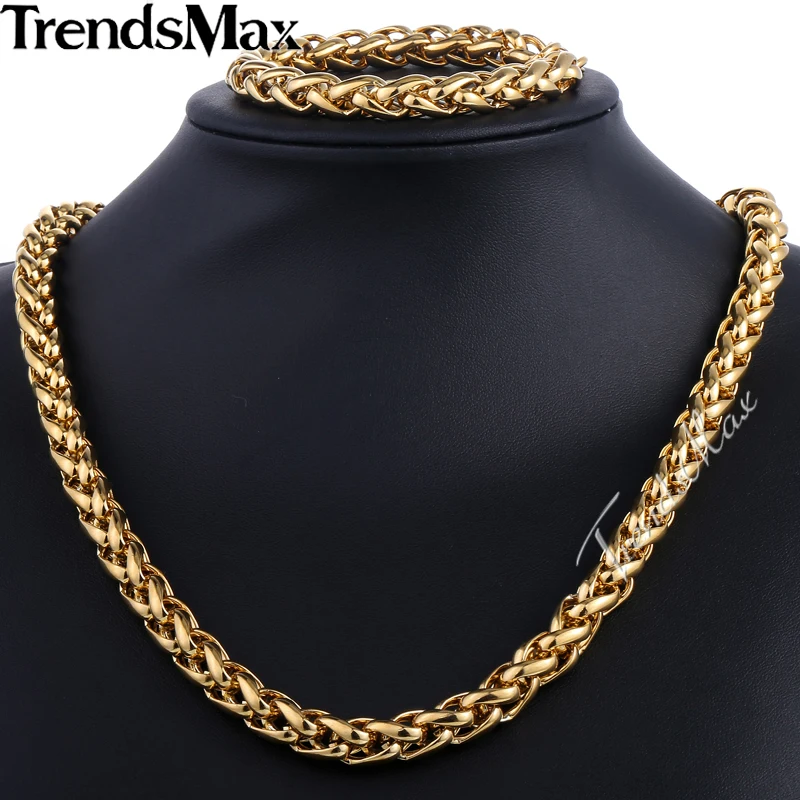 Trendsmax Brand Jewelry Set 9.5mm Gold-color Wheat Braided Link Stainless Steel Necklace Bracelet Mens Girls Chain Fashion KS215