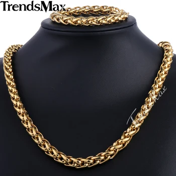 

Trendsmax Brand Jewelry Set 9.5mm Gold-color Wheat Braided Link Stainless Steel Necklace Bracelet Mens Girls Chain Fashion KS215