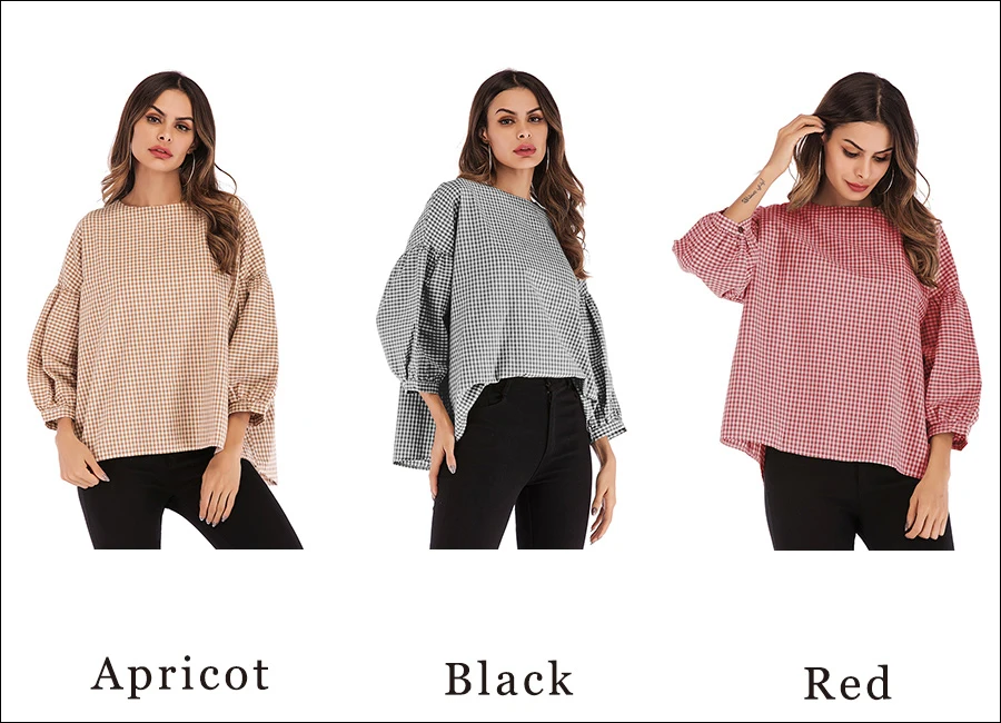 Gladiolus New 2019 Spring Plaid Shirt Women Puff Sleeve O Neck Button Loose Blouse Women Shirts Summer Casual Ladies Shirt Tops (27)