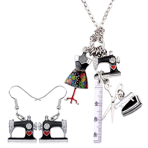 Bonsny эмалированный сплав швейные машины инструменты ножницы с линейкой портного железа серьги ожерелье Ретро Ювелирные наборы для женщин подарок для девочек - Окраска металла: Grey