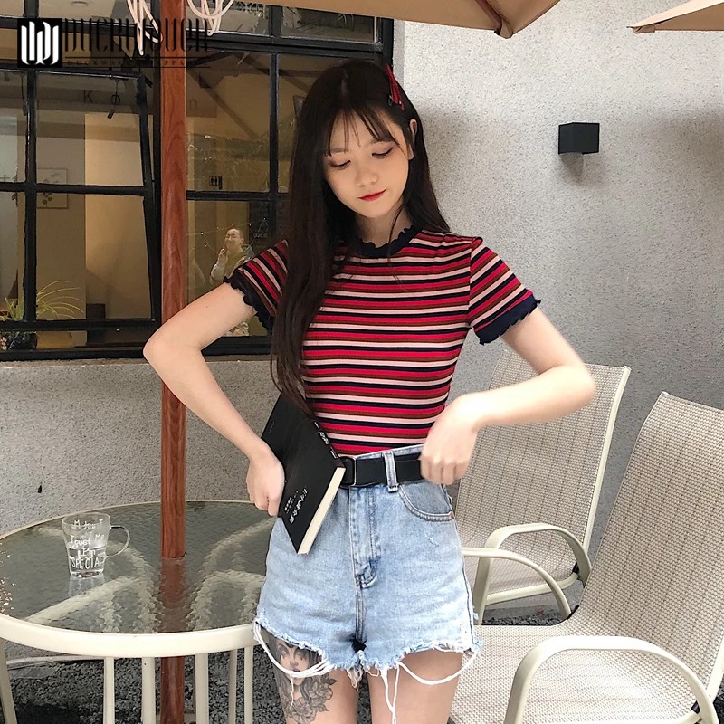 Duckwaver футболка женская летняя одежда корейский стиль Ulzzang Harajuku полосатые