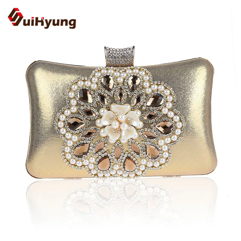 

New Fashion Design Women 's Party Evening Bag Day Clutch Glitter Leather Wedding Small Clutch With Pearls Flower Diamond Handbag