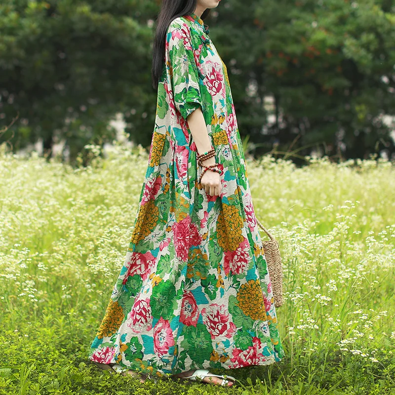 Женское платье макси с коротким рукавом и воротником стойкой|plus size women dresses|summer maxi