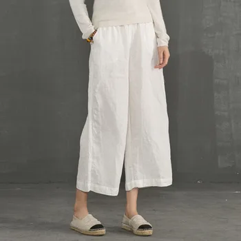

Johnature 2019 New Cotton Linen Soft Wide Leg Women Pants Elastic Waist Ankle-Length Solid Color Summer Loose Trouser