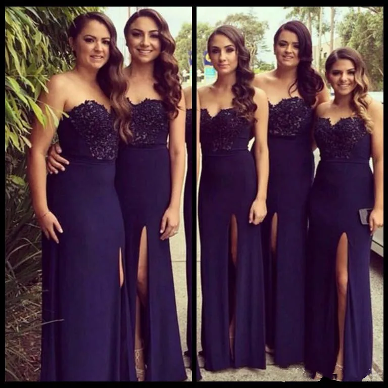 2017 Sweetheart Lace Bodice Long A Line Navy Blue Chiffon Bridesmaid Dress With Slits On The Side For | Свадьбы и торжества