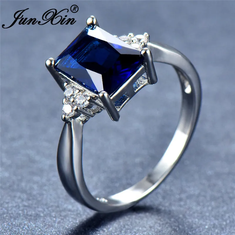 JUNXIN Princess Cut Stone Rainbow Fire Zircon Wedding Rings For Women 925 Silver Filled Square Aqua Blue Birthstone Ring Female