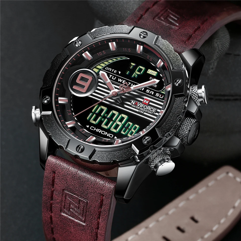 NAVIFORCE брендовые новые мужские часы цифровые кожаные мужские спортивные часы с хронографом военные кварцевые часы 3 бар водонепроницаемые коричневый желтый